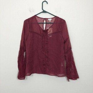 Self Esteem Top Women Size L  Burgundy Layered Sheer Swiss Dot Lace Bell Sleeve‎